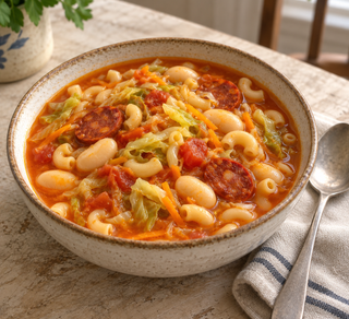 My Mother’s Portuguese Butter Bean, Macaroni & Chouriço Soup